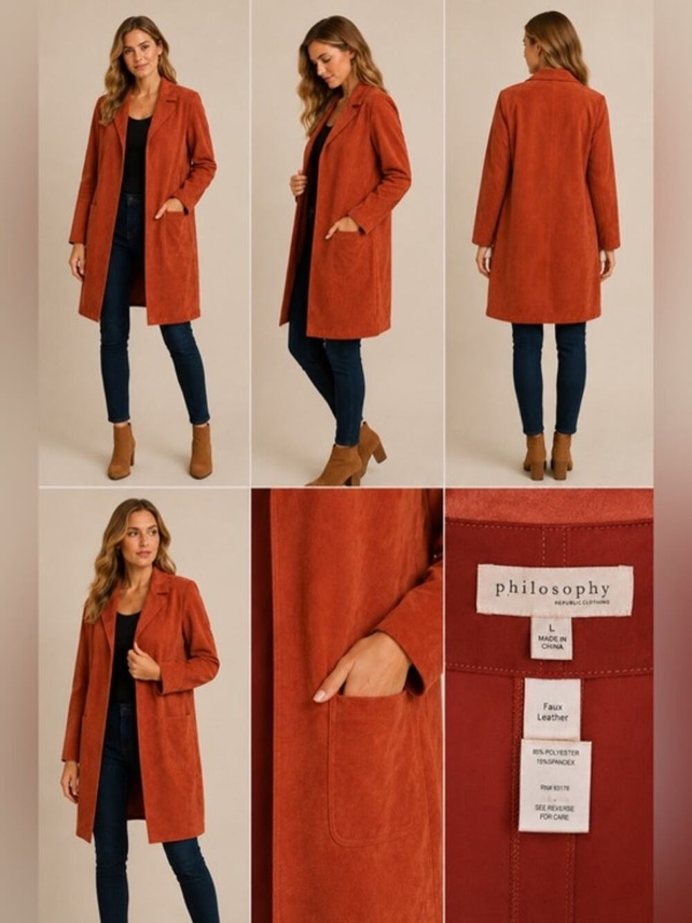 Philosophy Duster Womens Size L Rust Faux Leather Coatigan Pockets Collar NWT